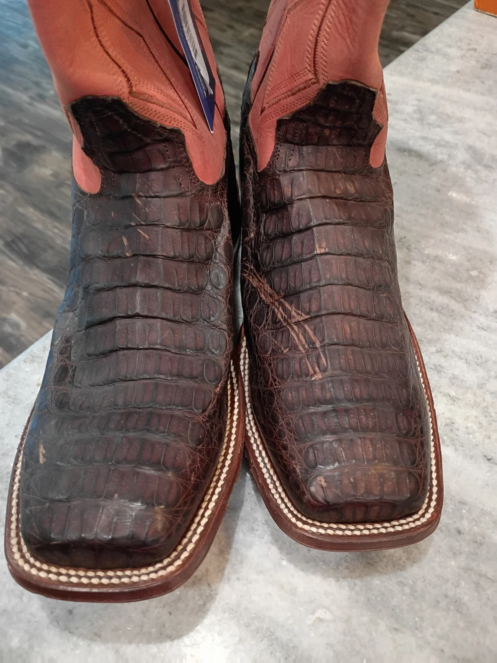 Tony Lama Brown Caiman Leather with Red Shaft Western Boots Size 11 EE Defects